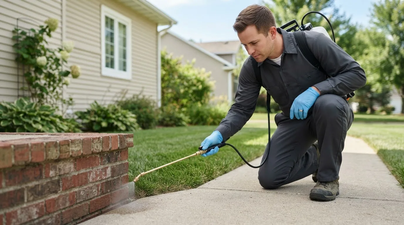 Pest control technician treating a home near Elizabeth City, NC